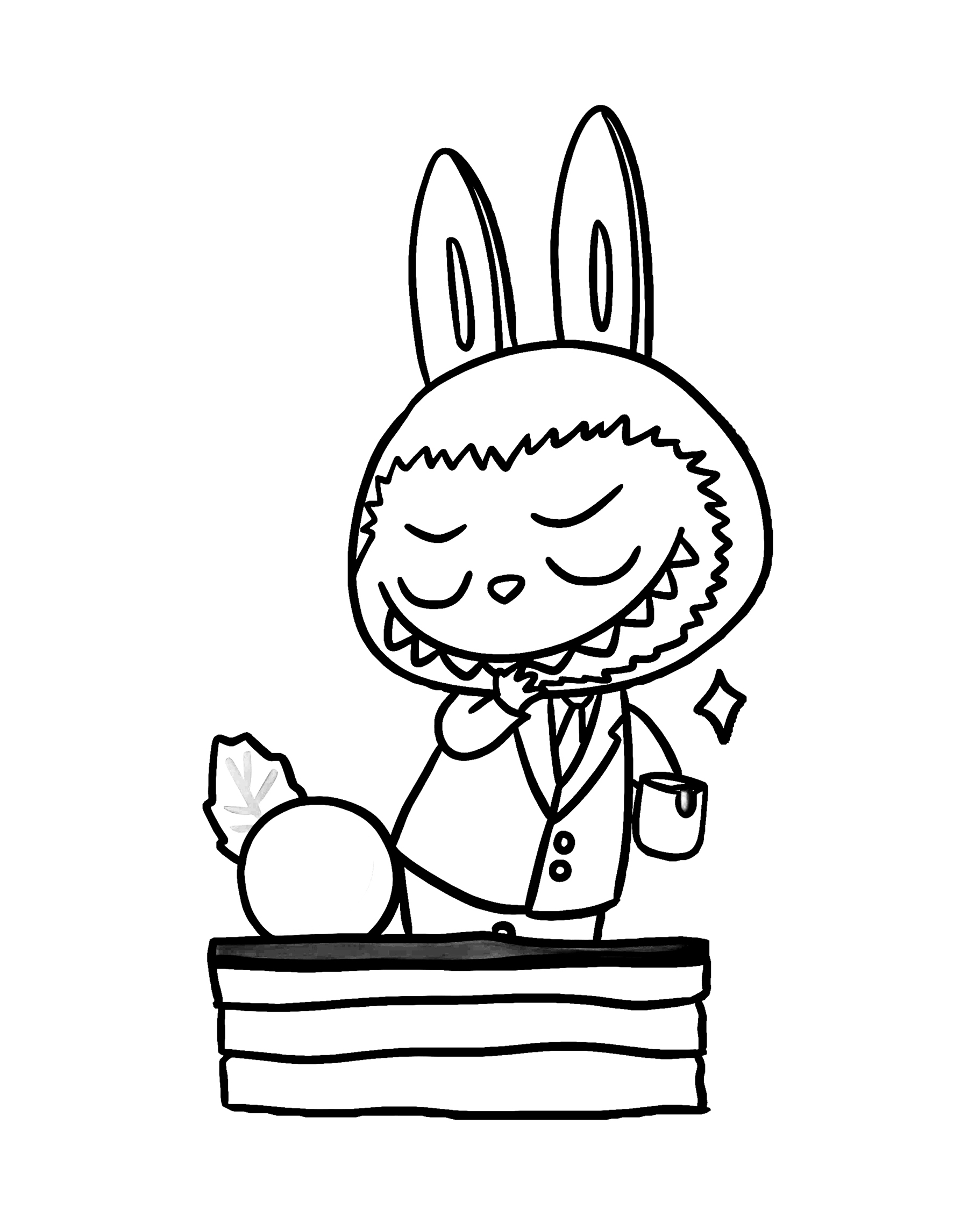 Labubu working at a desk, line art for coloring